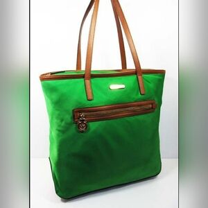 MICHAEL KORS MK Kempton Green Nylon Leather Trims Large Shoulder Tote Bag